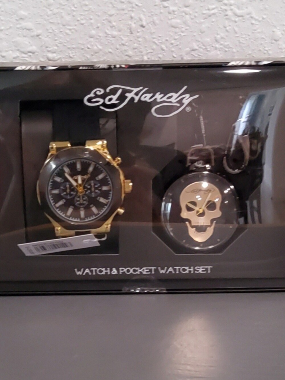 Ed Hardy Men's Watch and Skull Pocket Watch Set - Black & Gold